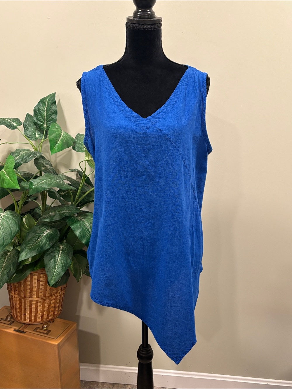OH MY GAUZE! Sleeveless Allie V-Neck Asymmetric Hem Top in Royal Blue